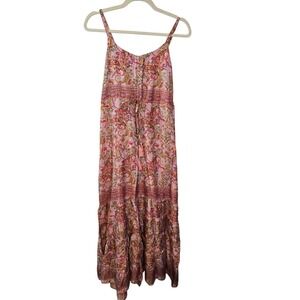 White Waves Pink Paisley Silk Blend‎ Maxi Dress L/XL Boho Tassel Tiered New